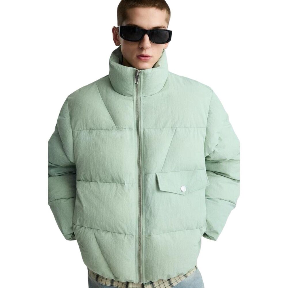 Zara Puffer Jacket Men's Green Mock Neck Long Sleeve Pocket Detail Zip-Up Small - Picture 3 of 17